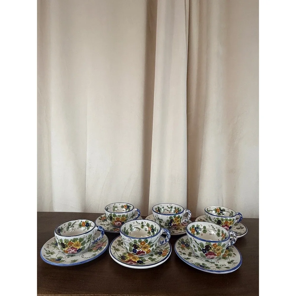 Vintage Majolica Italy Floral Stoneware Teacups and Saucers Set‎ of SIX (6)